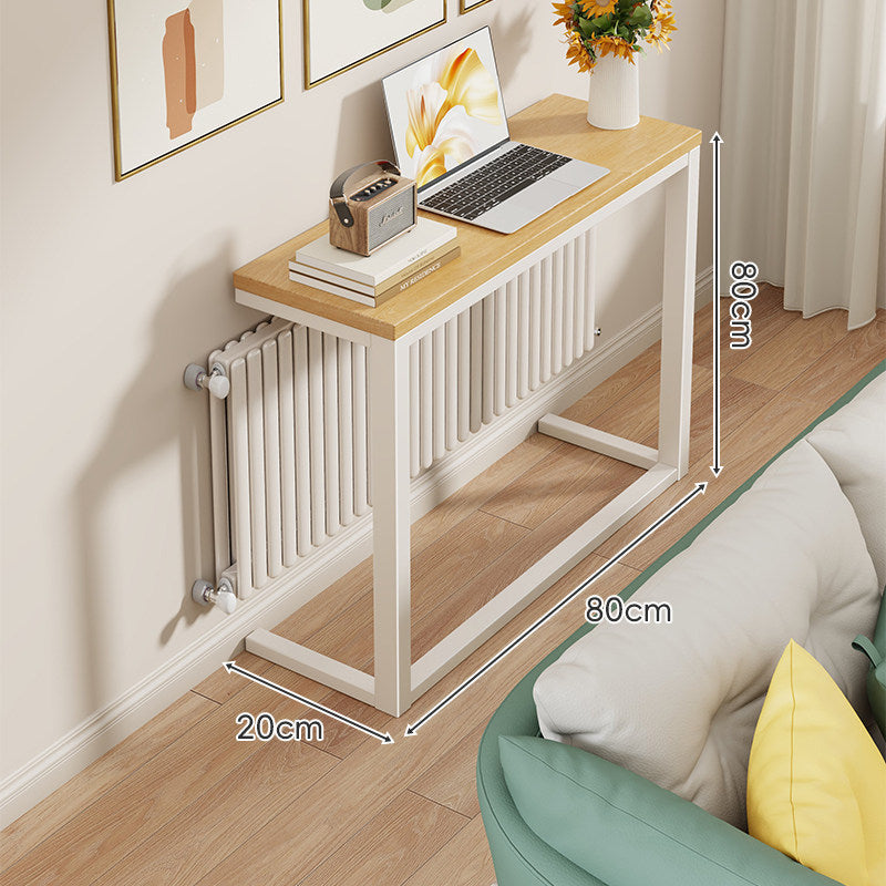 Slim Narrow Console Table, White Metal Frame, Wood-Grain Top
