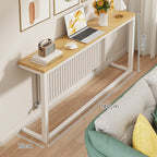 Slim Narrow Console Table, White Metal Frame, Wood-Grain Top
