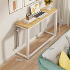 Slim Narrow Console Table, White Metal Frame, Wood-Grain Top