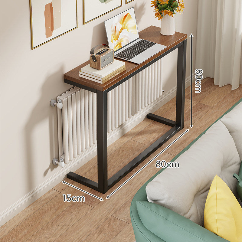Slim Narrow Console Table, White Metal Frame, Wood-Grain Top