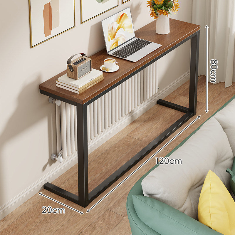 Slim Narrow Console Table, White Metal Frame, Wood-Grain Top