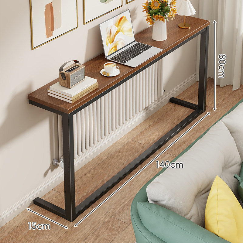 Slim Narrow Console Table, White Metal Frame, Wood-Grain Top