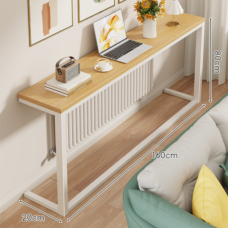 Slim Narrow Console Table, White Metal Frame, Wood-Grain Top
