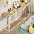 Slim Narrow Console Table, White Metal Frame, Wood-Grain Top