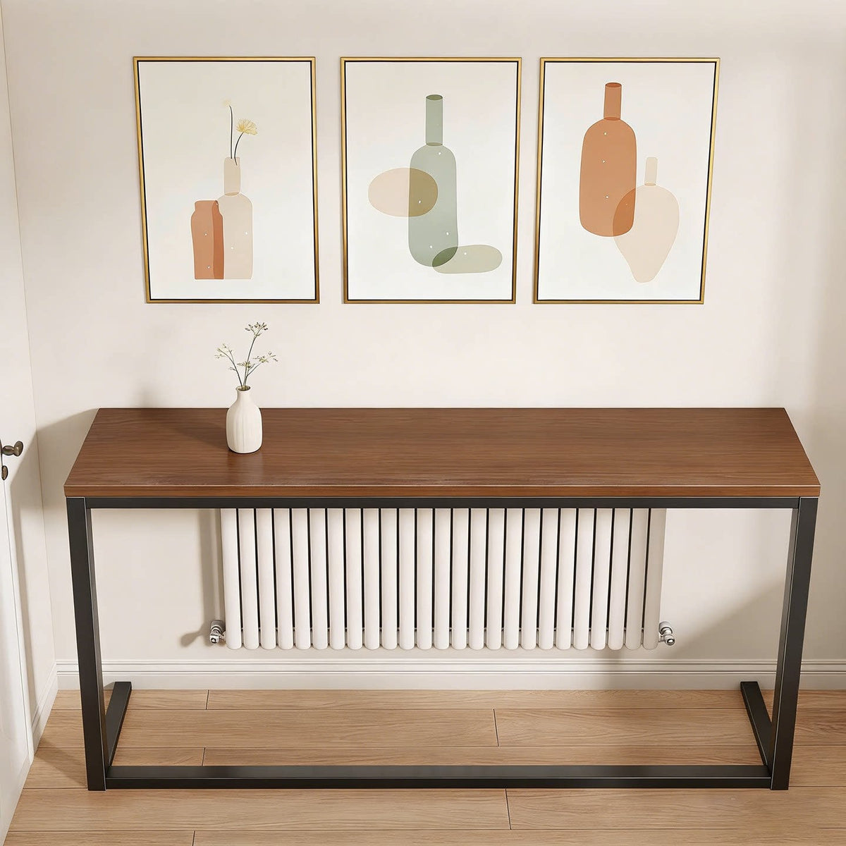 Slim Narrow Console Table, White Metal Frame, Wood-Grain Top