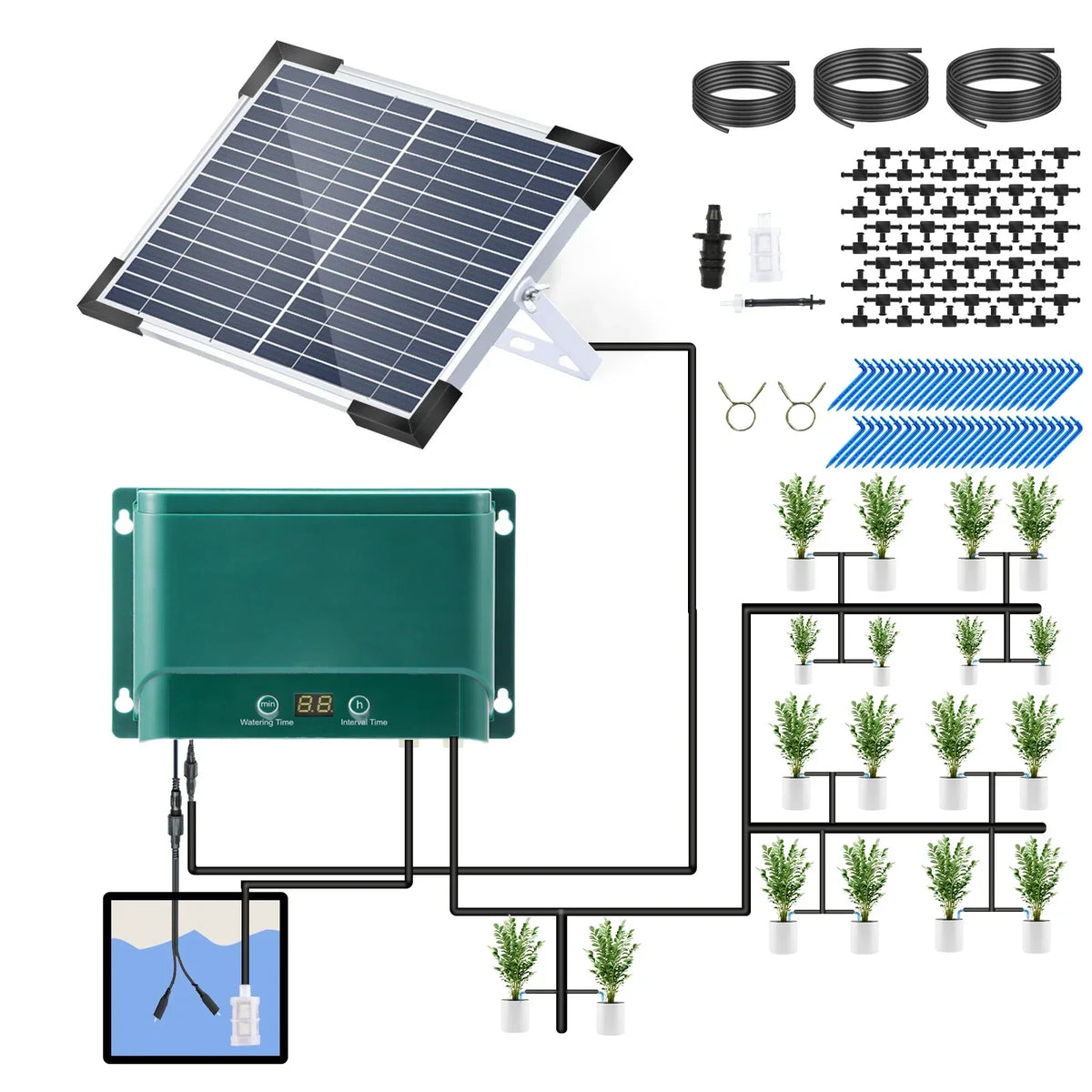 Solar Drip Irrigation System Kit, Automatic Watering, 30 Modes, 7 Timers