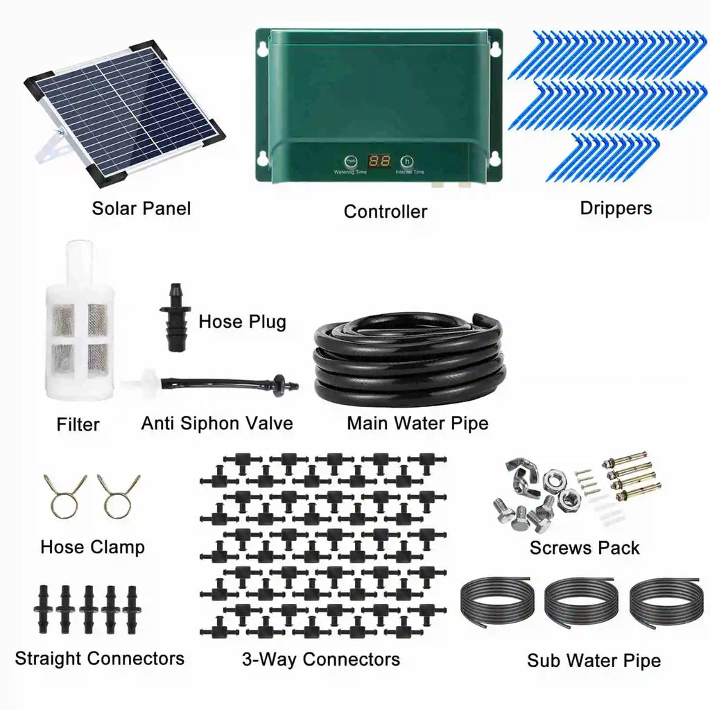 Solar Drip Irrigation System Kit, Automatic Watering, 30 Modes, 7 Timers