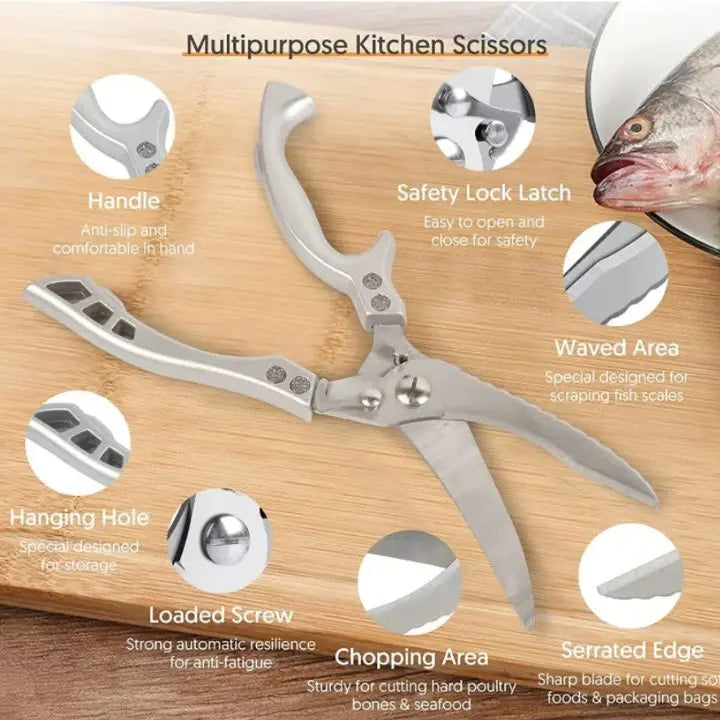 Stainless Steel Kitchen Shears with Fish Scale Remover and Safety Lock