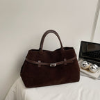 Suede Tote Bag with Leather Belt Accent and Brown Leather Handles