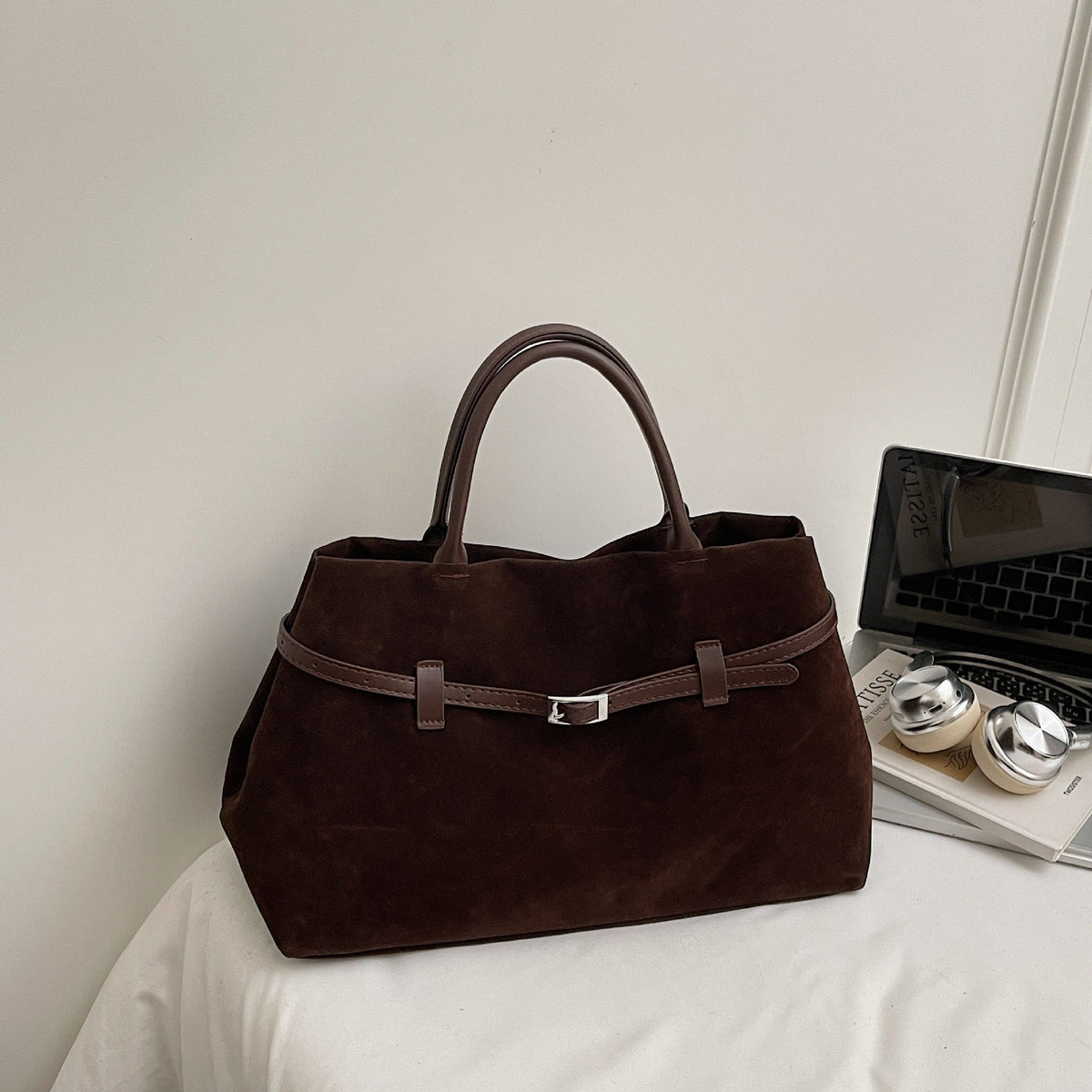 Suede Tote Bag with Leather Belt Accent and Brown Leather Handles
