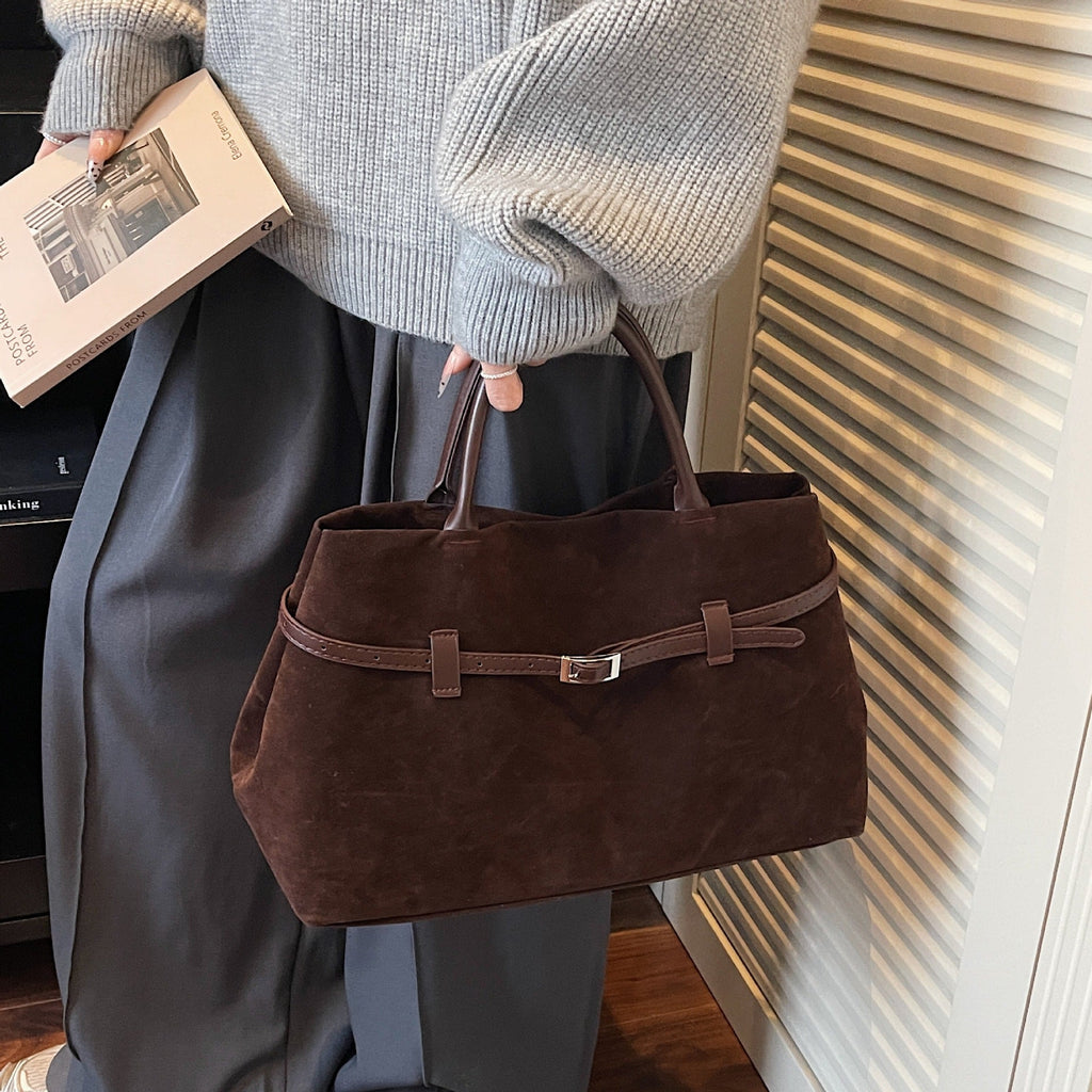 Suede Tote Bag with Leather Belt Accent and Brown Leather Handles