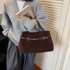 Suede Tote Bag with Leather Belt Accent and Brown Leather Handles