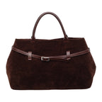 Suede Tote Bag with Leather Belt Accent and Brown Leather Handles