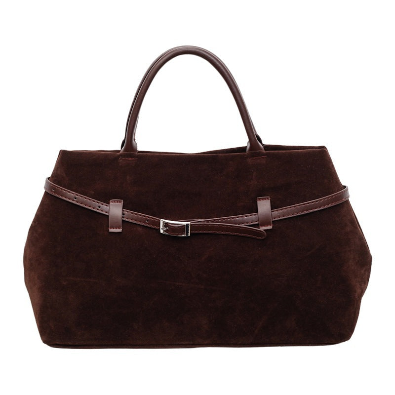 Suede Tote Bag with Leather Belt Accent and Brown Leather Handles