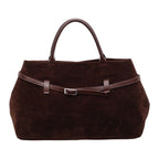Suede Tote Bag with Leather Belt Accent and Brown Leather Handles