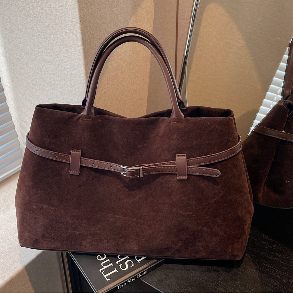 Suede Tote Bag with Leather Belt Accent and Brown Leather Handles