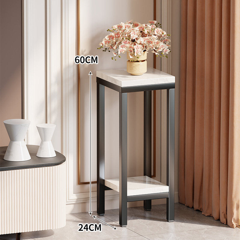 Tall Narrow Marble-Effect Plant Stand Side Table with Lower Shelf