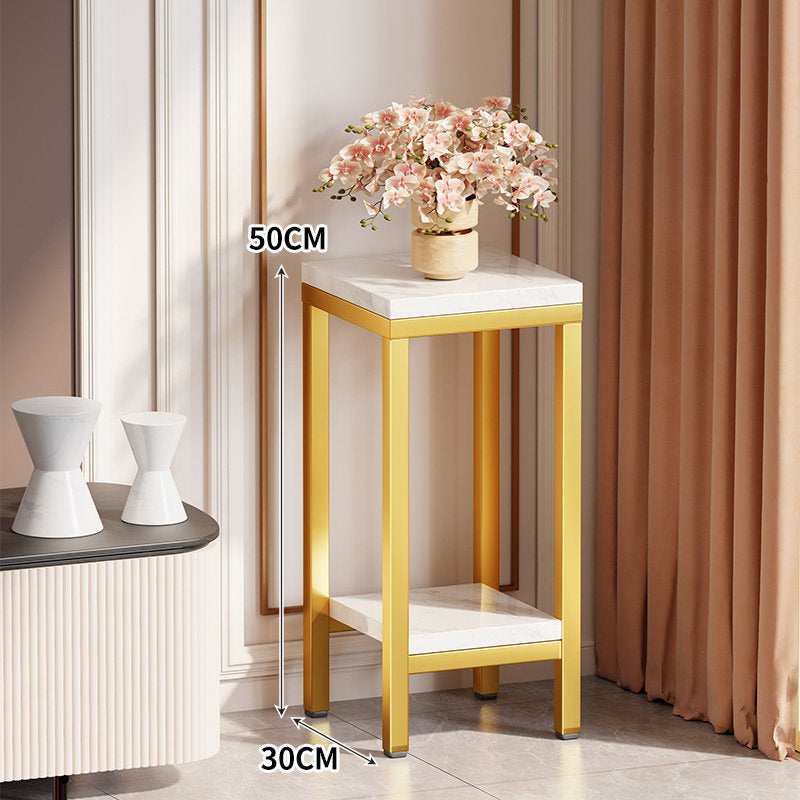 Tall Narrow Marble-Effect Plant Stand Side Table with Lower Shelf
