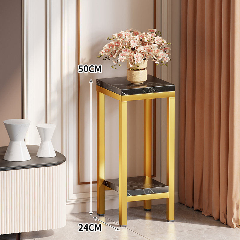 Tall Narrow Marble-Effect Plant Stand Side Table with Lower Shelf