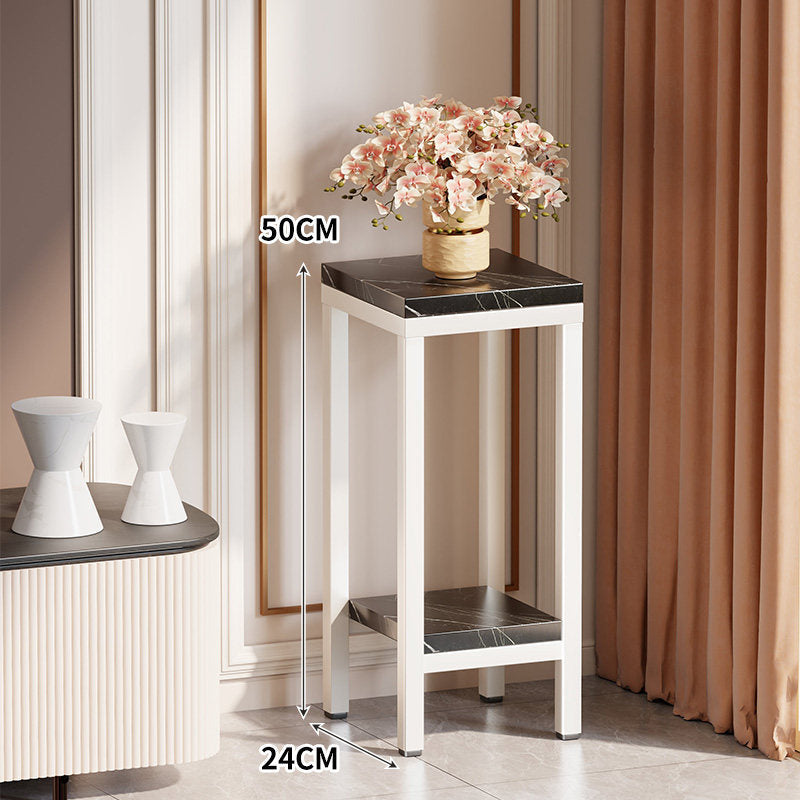 Tall Narrow Marble-Effect Plant Stand Side Table with Lower Shelf