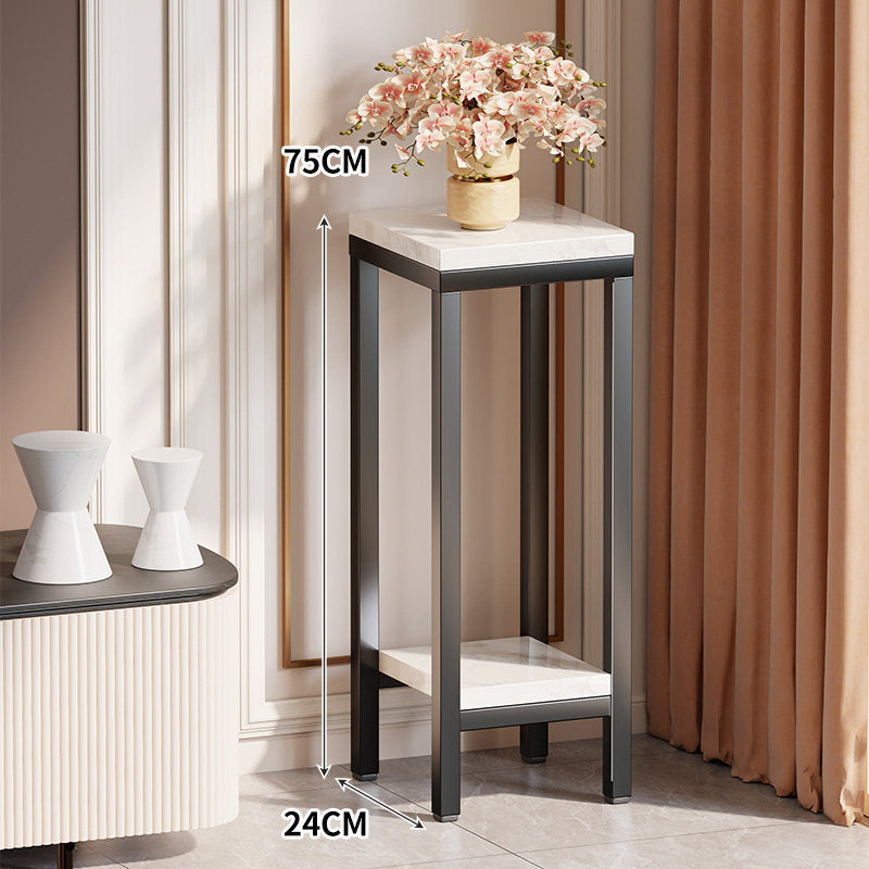 Tall Narrow Marble-Effect Plant Stand Side Table with Lower Shelf
