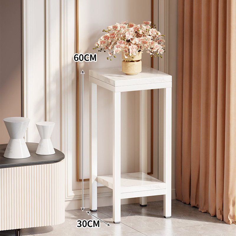 Tall Narrow Marble-Effect Plant Stand Side Table with Lower Shelf