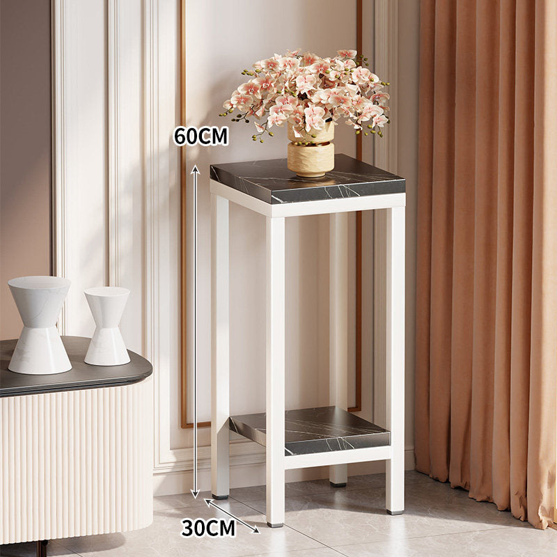 Tall Narrow Marble-Effect Plant Stand Side Table with Lower Shelf