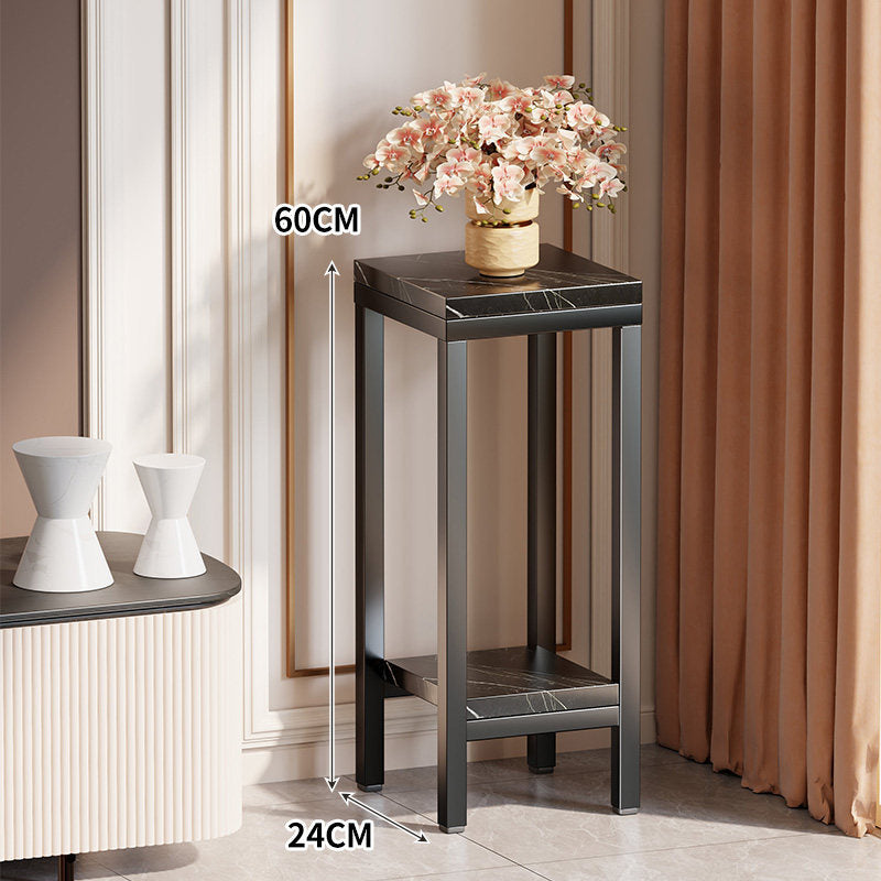 Tall Narrow Marble-Effect Plant Stand Side Table with Lower Shelf