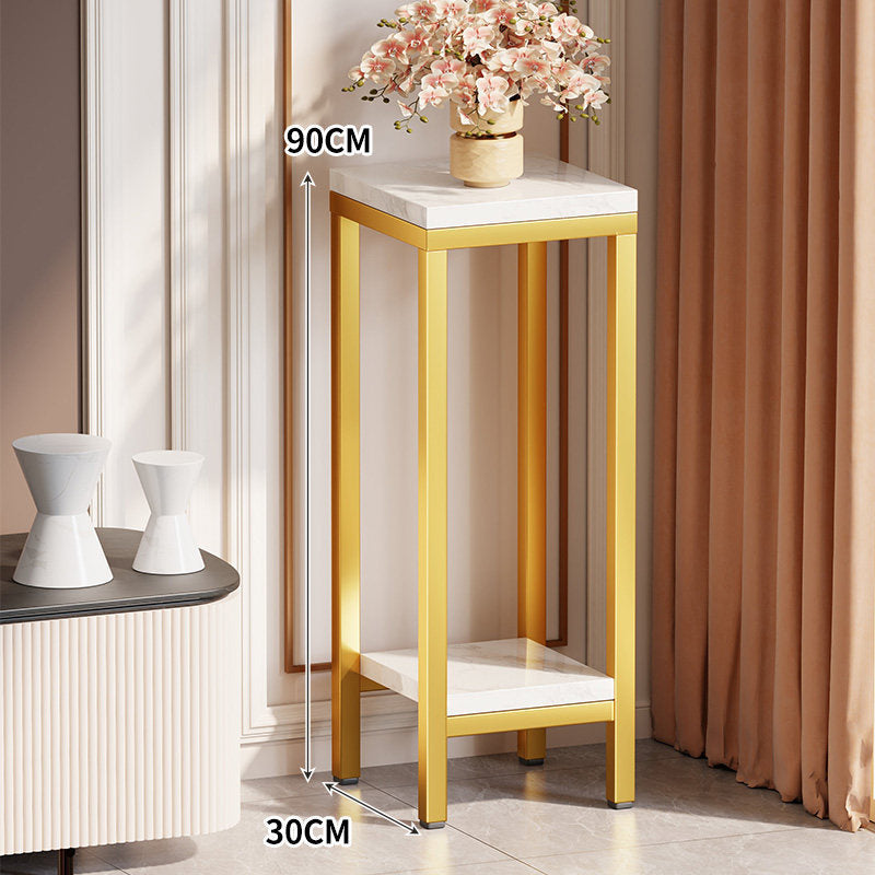 Tall Narrow Marble-Effect Plant Stand Side Table with Lower Shelf