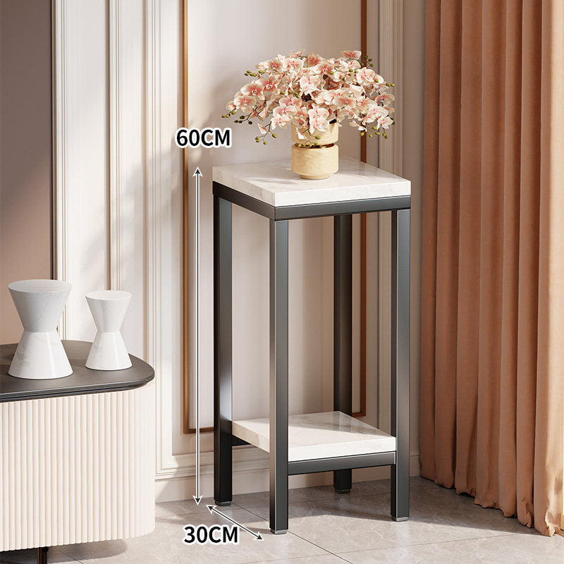 Tall Narrow Marble-Effect Plant Stand Side Table with Lower Shelf