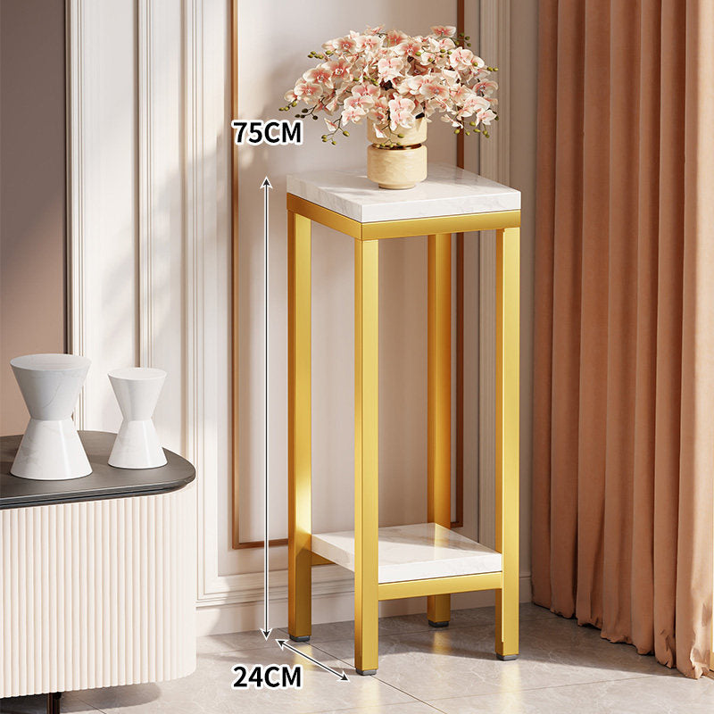 Tall Narrow Marble-Effect Plant Stand Side Table with Lower Shelf