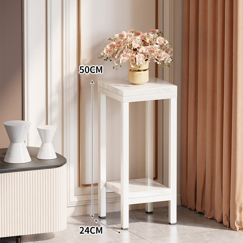 Tall Narrow Marble-Effect Plant Stand Side Table with Lower Shelf