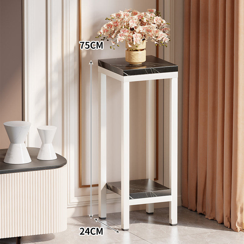 Tall Narrow Marble-Effect Plant Stand Side Table with Lower Shelf