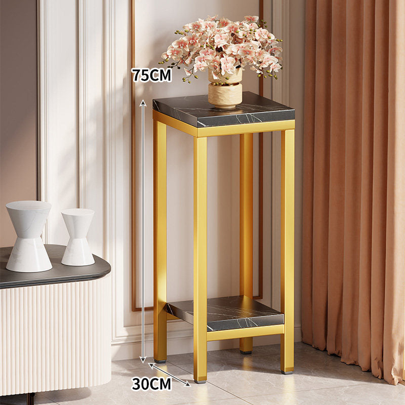 Tall Narrow Marble-Effect Plant Stand Side Table with Lower Shelf