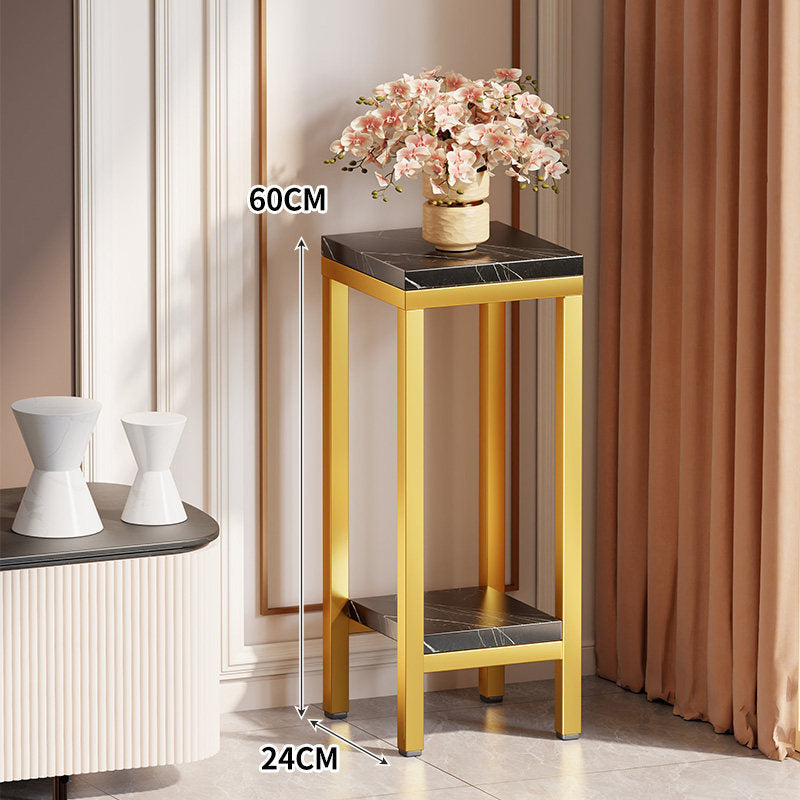 Tall Narrow Marble-Effect Plant Stand Side Table with Lower Shelf