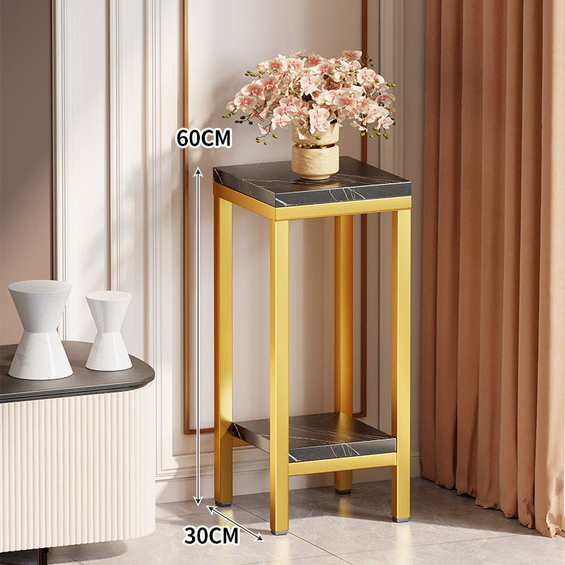 Tall Narrow Marble-Effect Plant Stand Side Table with Lower Shelf