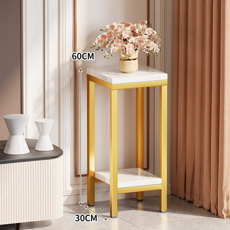 Tall Narrow Marble-Effect Plant Stand Side Table with Lower Shelf