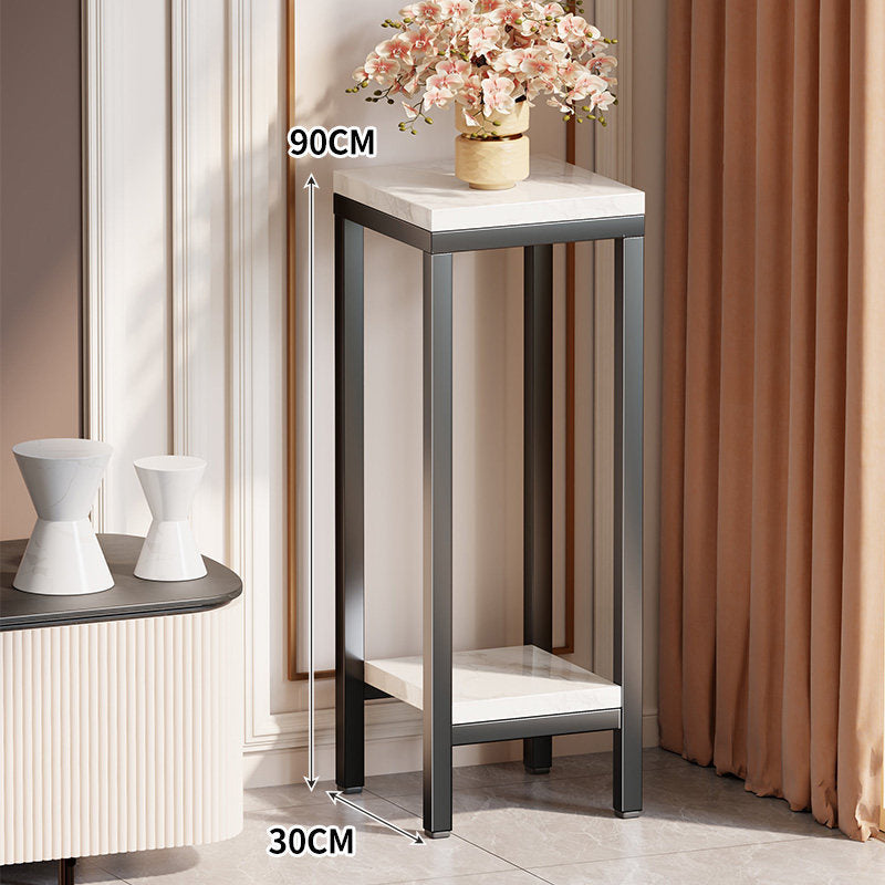 Tall Narrow Marble-Effect Plant Stand Side Table with Lower Shelf