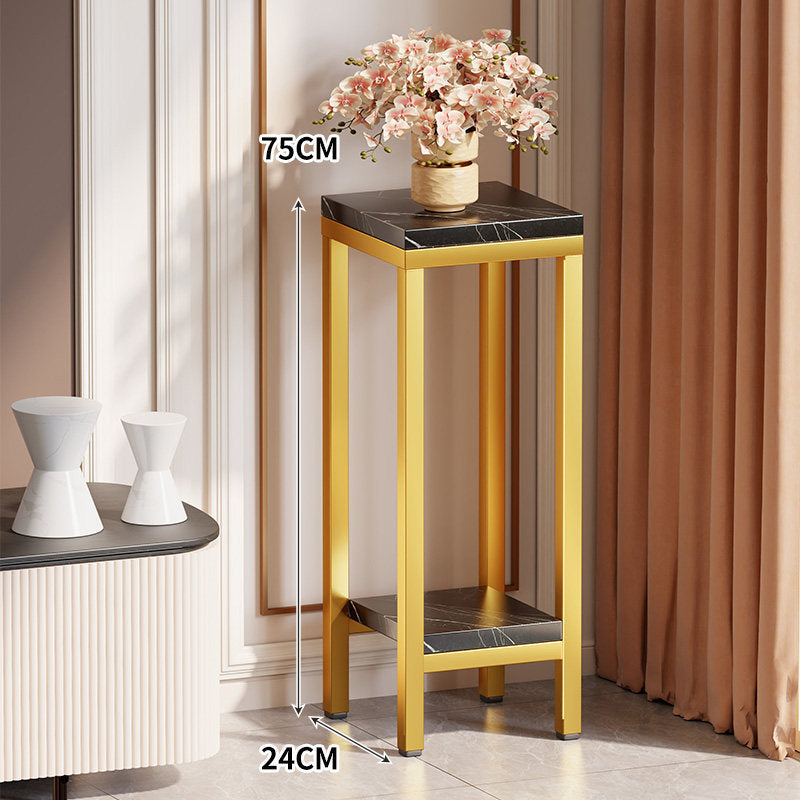 Tall Narrow Marble-Effect Plant Stand Side Table with Lower Shelf