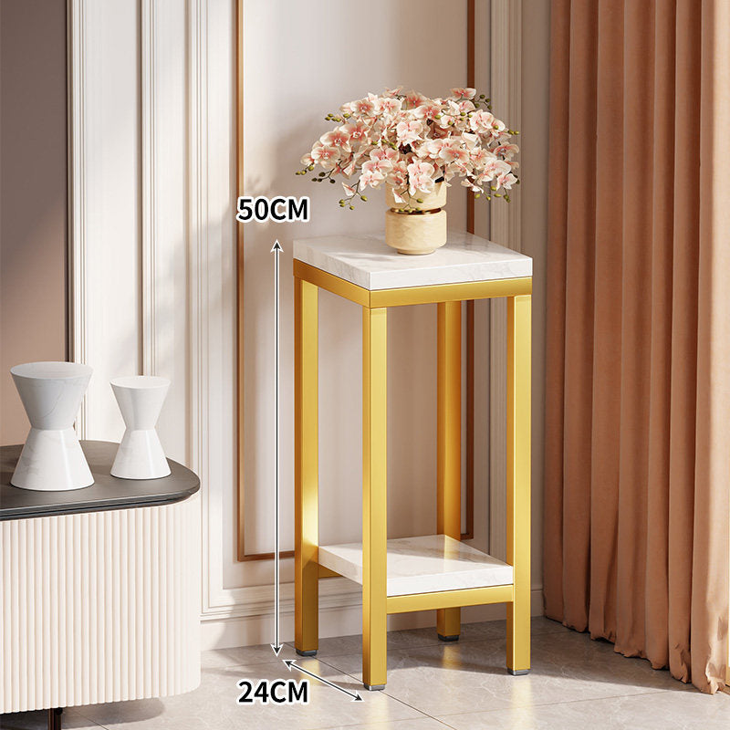Tall Narrow Marble-Effect Plant Stand Side Table with Lower Shelf