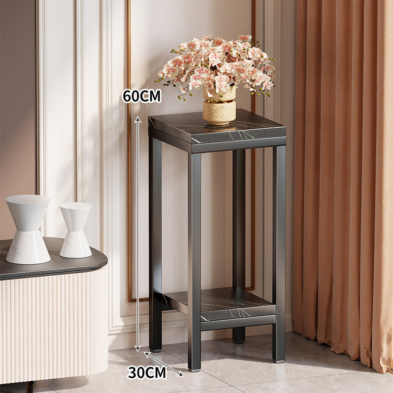 Tall Narrow Marble-Effect Plant Stand Side Table with Lower Shelf