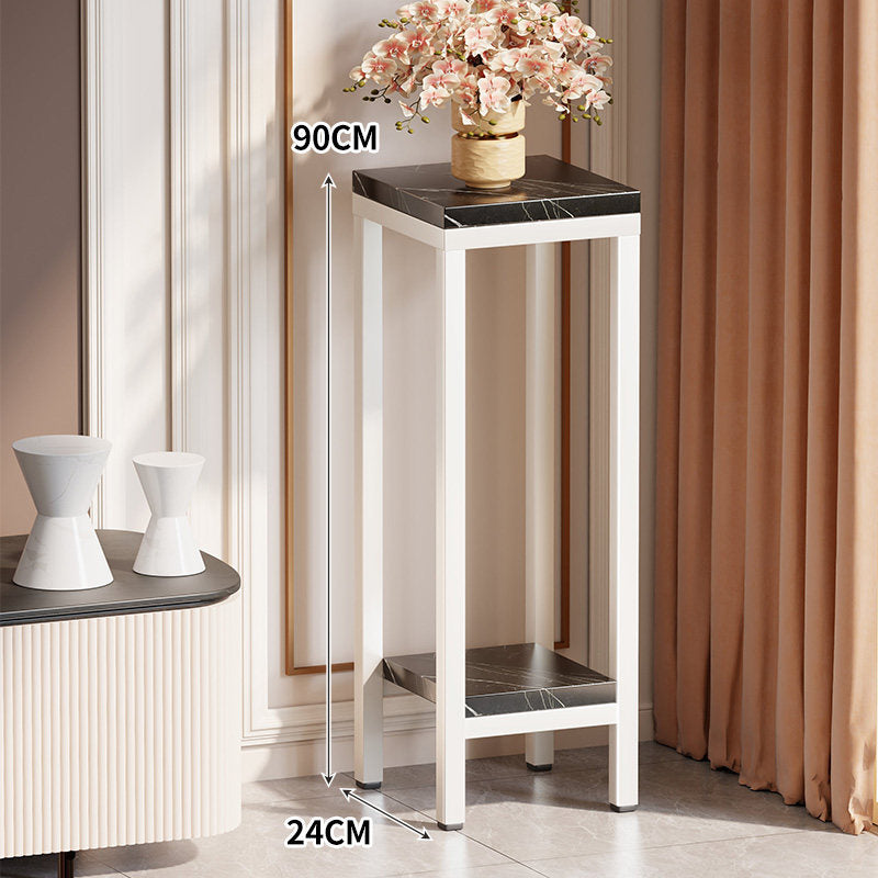 Tall Narrow Marble-Effect Plant Stand Side Table with Lower Shelf