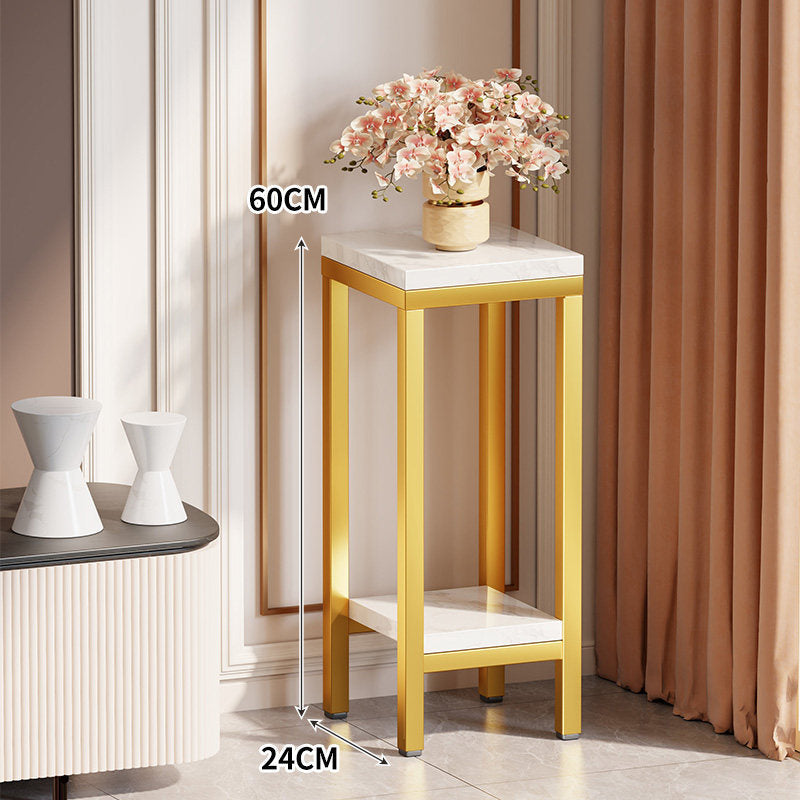 Tall Narrow Marble-Effect Plant Stand Side Table with Lower Shelf