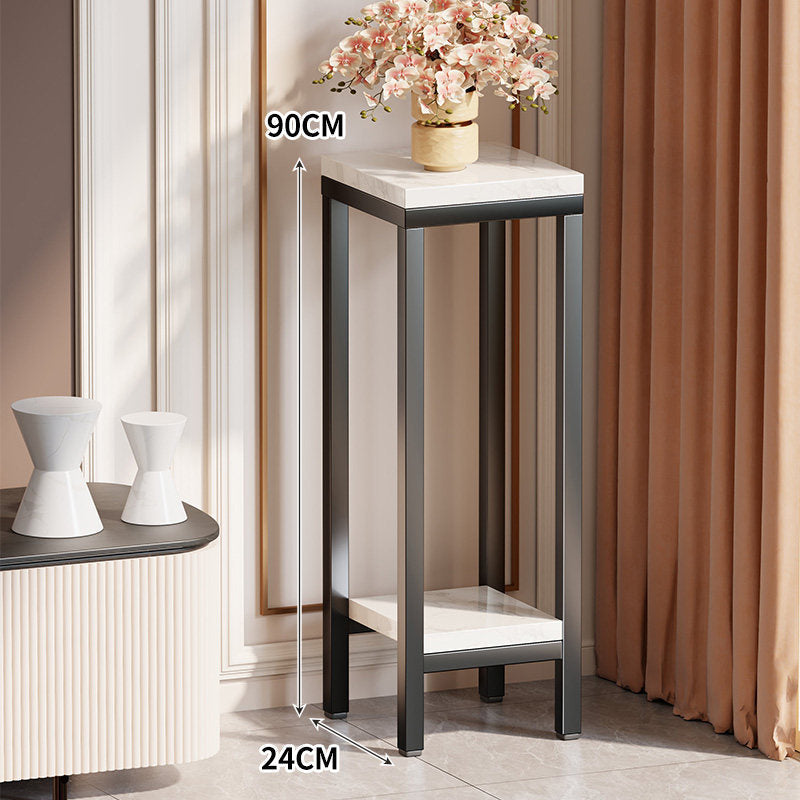 Tall Narrow Marble-Effect Plant Stand Side Table with Lower Shelf