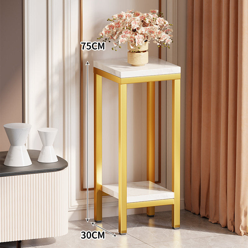 Tall Narrow Marble-Effect Plant Stand Side Table with Lower Shelf