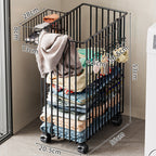Tall Rolling Metal Laundry Basket with Vertical Slats and Swivel Casters