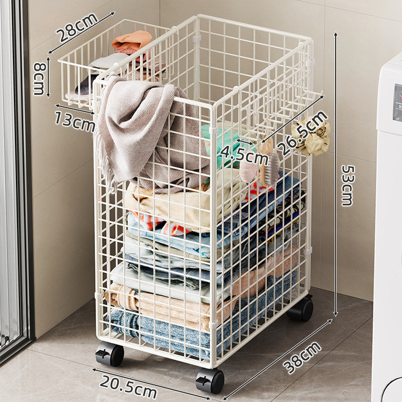 Tall Rolling Metal Laundry Basket with Vertical Slats and Swivel Casters