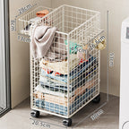 Tall Rolling Metal Laundry Basket with Vertical Slats and Swivel Casters
