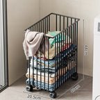 Tall Rolling Metal Laundry Basket with Vertical Slats and Swivel Casters