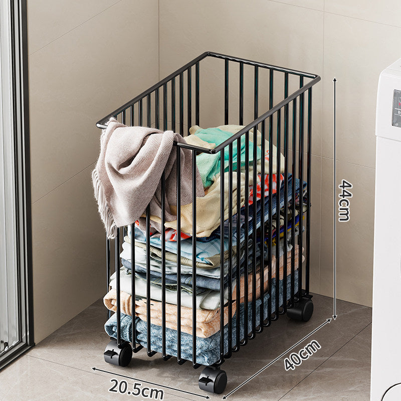 Tall Rolling Metal Laundry Basket with Vertical Slats and Swivel Casters